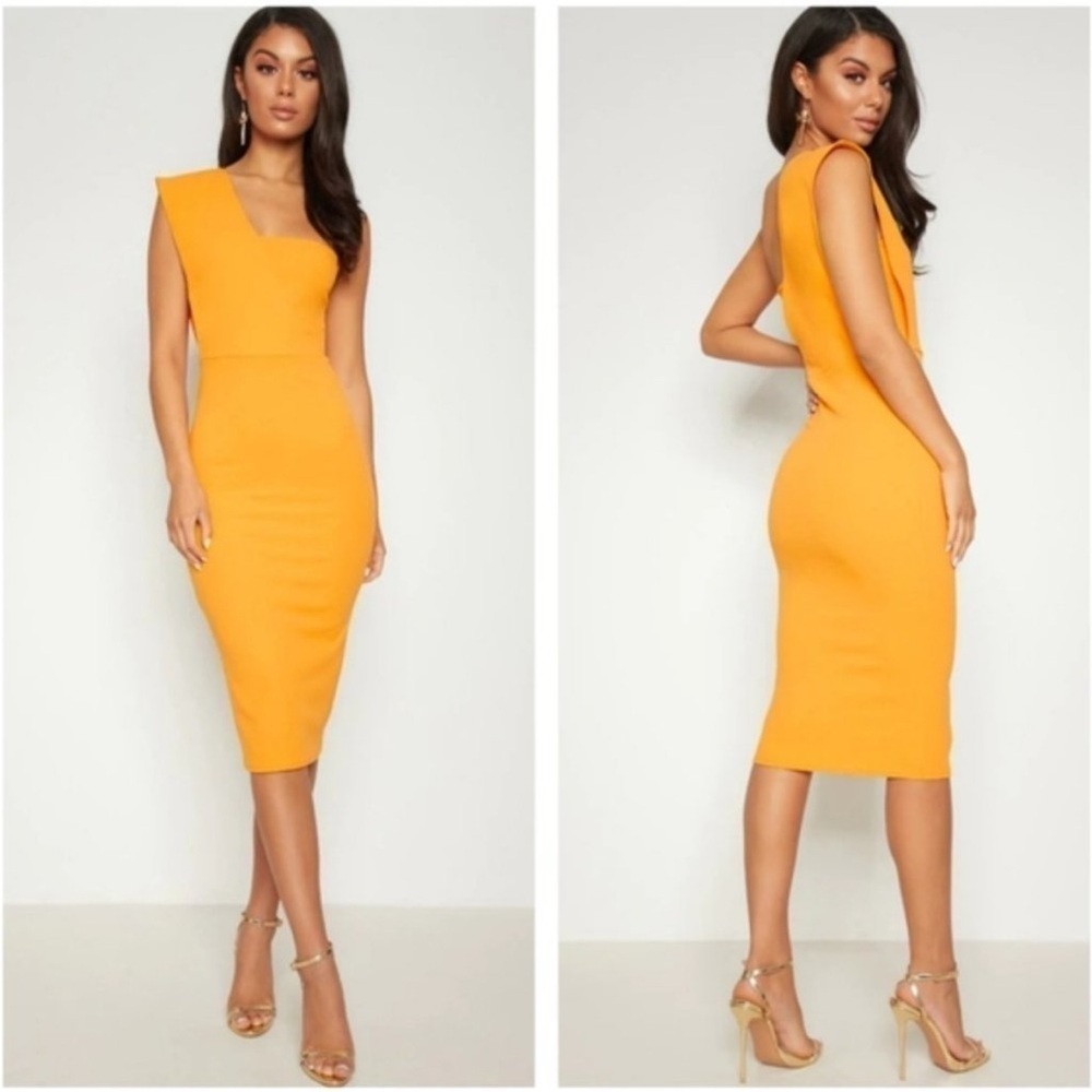 Prettittlething Orange Yellow One Shoulder Draped Midi Dress NEW Sz 12 Draped
